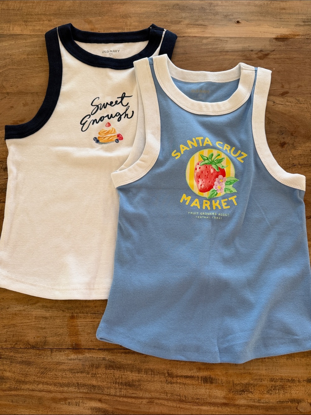 Old Navy (2) women’s graphic racerback ribbed “snug” tank tops